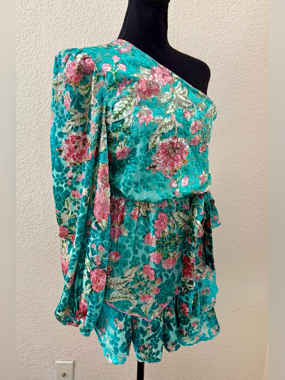 NWT Hermant & Nandita Velvet Teal Floral Metallic One Shoulder Mini Dress Med - Picture 6 of 16